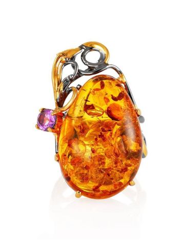 Adjustable Gold-Plated Ring With Cognac Amber And Crystals The Triumph, Ring Size: Adjustable, image , picture 4