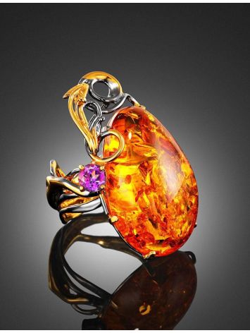 Adjustable Gold-Plated Ring With Cognac Amber And Crystals The Triumph, Ring Size: Adjustable, image , picture 2