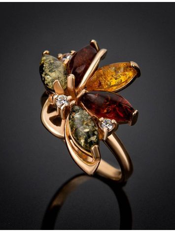 Multicolor Amber Ring In Gold-Plated Silver With Crystals The Verbena, Ring Size: 12 / 21.5, image , picture 2