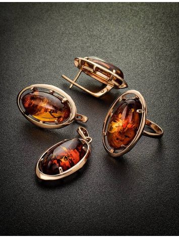 Oval Gold-Plated Earrings With Cognac Amber The Elegy, image , picture 5