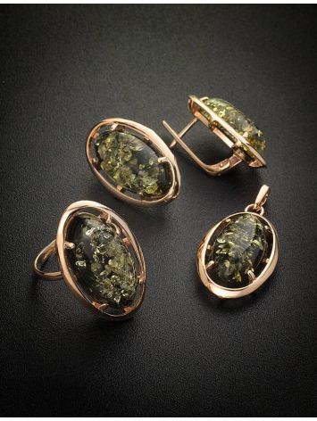 Oval Gold-Plated Earrings With Green Amber The Elegy, image , picture 5