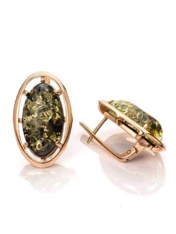 Oval Gold-Plated Earrings With Green Amber The Elegy, image , picture 4
