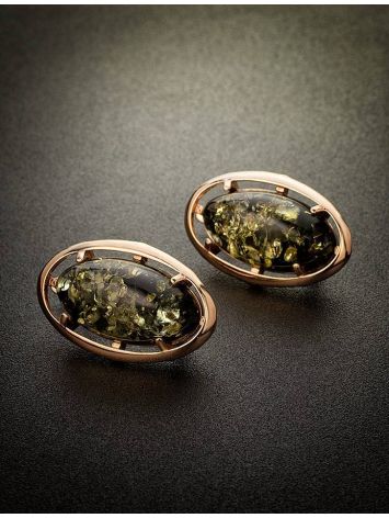 Oval Gold-Plated Earrings With Green Amber The Elegy, image , picture 2