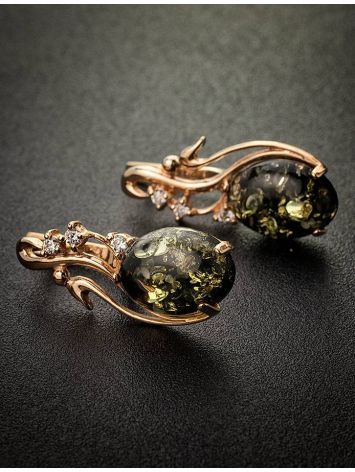 Gold-Plated Earrings With Green Amber And Crystals The Swan, image , picture 2