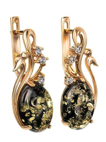 Gold-Plated Earrings With Green Amber And Crystals The Swan, image , picture 3