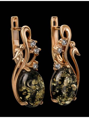 Gold-Plated Earrings With Green Amber And Crystals The Swan, image , picture 5
