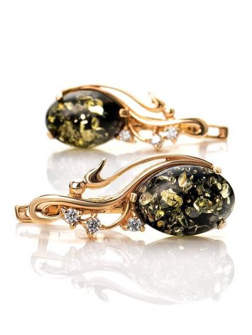 Gold-Plated Earrings With Green Amber And Crystals The Swan, image , picture 4