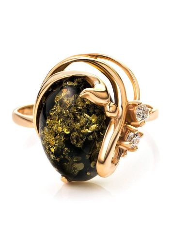Gold-Plated Ring With Green Amber And Crystals The Swan, Ring Size: 6 / 16.5, image , picture 4