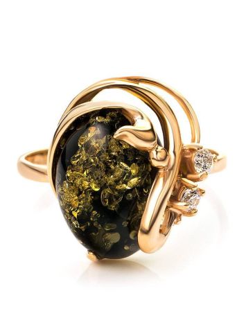 Gold-Plated Ring With Green Amber And Crystals The Swan, Ring Size: 12 / 21.5, image , picture 4