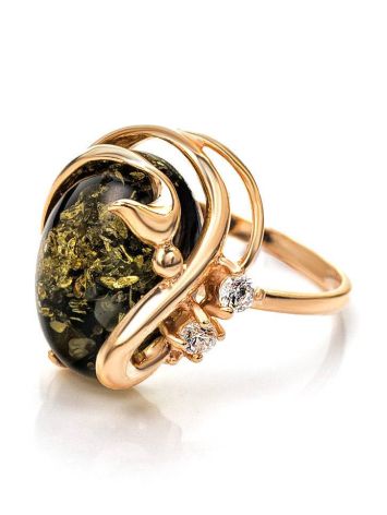 Gold-Plated Ring With Green Amber And Crystals The Swan, Ring Size: 6 / 16.5, image , picture 3