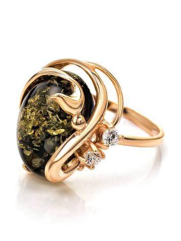 Gold-Plated Ring With Green Amber And Crystals The Swan, Ring Size: 12 / 21.5, image , picture 3