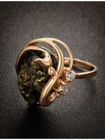 Gold-Plated Ring With Green Amber And Crystals The Swan, Ring Size: 6 / 16.5, image , picture 2