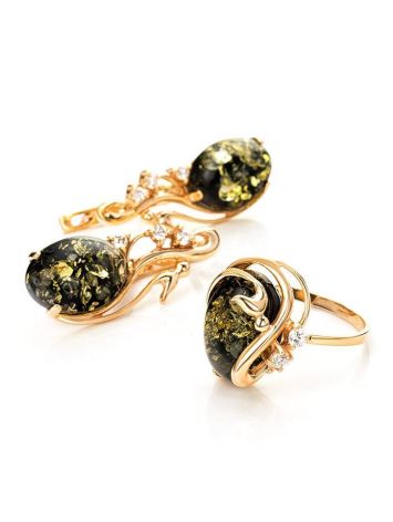 Gold-Plated Ring With Green Amber And Crystals The Swan, Ring Size: 6 / 16.5, image , picture 6