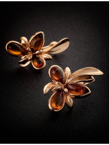 Gold-Plated Earrings With Cognac Amber The Verbena, image , picture 2