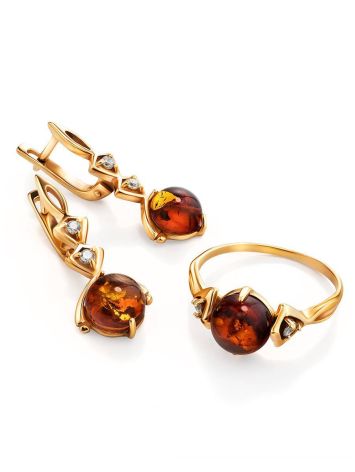 Cognac Amber Ring In Gold-Plated Silver With Crystals The Sambia, Ring Size: 12 / 21.5, image , picture 5