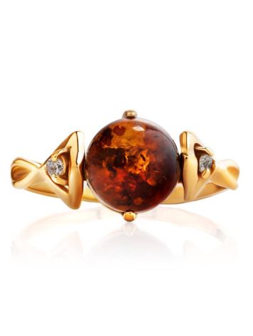 Cognac Amber Ring In Gold-Plated Silver With Crystals The Sambia, Ring Size: 12 / 21.5, image , picture 4
