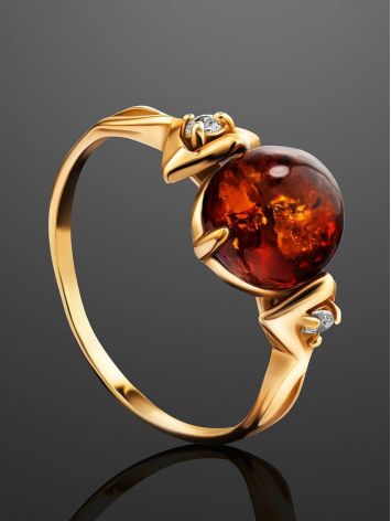Cognac Amber Ring In Gold-Plated Silver With Crystals The Sambia, Ring Size: 12 / 21.5, image , picture 2