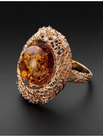 Gorgeous Amber Ring In Gold-Plated Silver With Crystals The Venus, Ring Size: 12 / 21.5, image , picture 2
