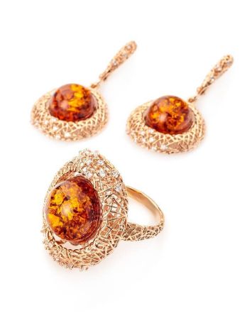 Gorgeous Amber Ring In Gold-Plated Silver With Crystals The Venus, Ring Size: 5.5 / 16, image , picture 4