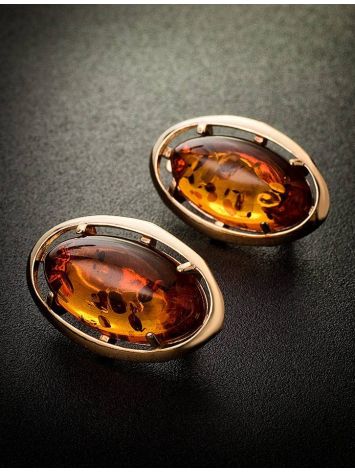 Oval Gold-Plated Earrings With Cognac Amber The Elegy, image , picture 2