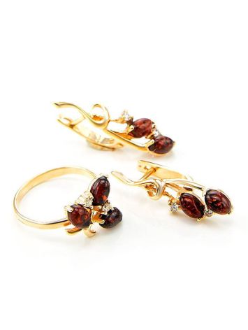 Gold-Plated Ring With Cherry Amber And Crystals The Verbena, Ring Size: 10 / 20, image , picture 5