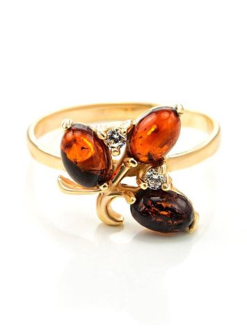 Gold-Plated Ring With Cherry Amber And Crystals The Verbena, Ring Size: 11.5 / 21, image , picture 3