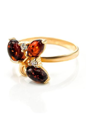 Gold-Plated Ring With Cherry Amber And Crystals The Verbena, Ring Size: 10 / 20, image , picture 4