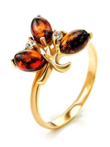 Gold-Plated Ring With Cherry Amber And Crystals The Verbena, Ring Size: 10 / 20, image , picture 2