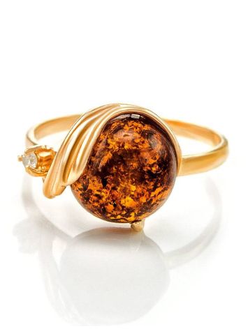 Bright Cognac Amber Ring With Crystal The Swan, Ring Size: 8 / 18, image , picture 3