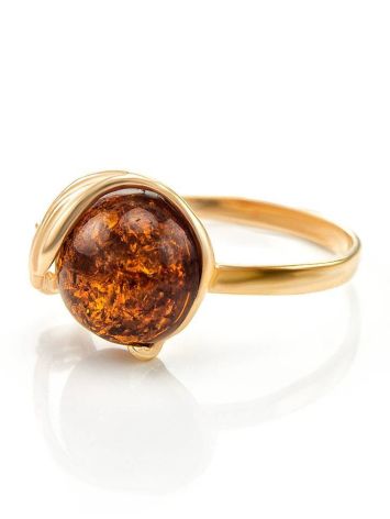 Bright Cognac Amber Ring With Crystal The Swan, Ring Size: 8 / 18, image , picture 4