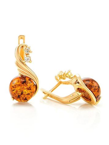 Cognac Amber Earrings In Gold-Plated Silver With Crystals The Swan, image , picture 4