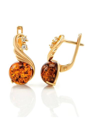Cognac Amber Earrings In Gold-Plated Silver With Crystals The Swan, image , picture 3