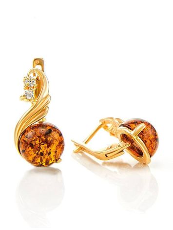 Cognac Amber Earrings In Gold-Plated Silver With Crystals The Swan, image , picture 5