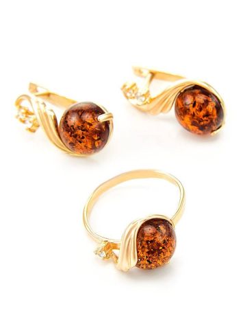 Bright Cognac Amber Ring With Crystal The Swan, Ring Size: 8 / 18, image , picture 5