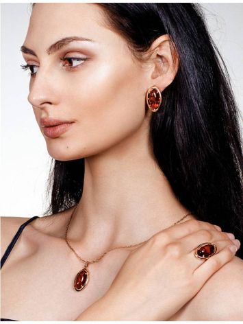 Oval Gold-Plated Earrings With Cognac Amber The Elegy, image , picture 3