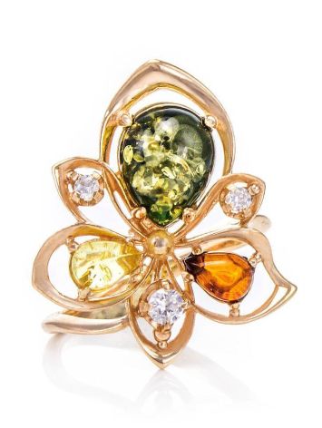 Multicolor Amber Ring In Gold-Plated Silver With Crystals The Edelweiss, Ring Size: 6 / 16.5, image , picture 3