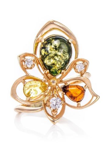 Multicolor Amber Ring In Gold-Plated Silver With Crystals The Edelweiss, Ring Size: 6.5 / 17, image , picture 3