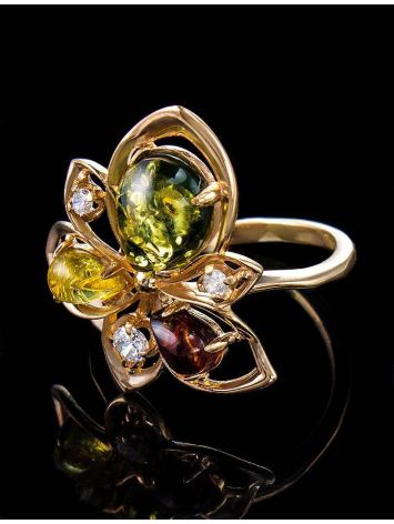 Multicolor Amber Ring In Gold-Plated Silver With Crystals The Edelweiss, Ring Size: 6 / 16.5, image , picture 4