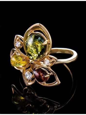 Multicolor Amber Ring In Gold-Plated Silver With Crystals The Edelweiss, Ring Size: 6.5 / 17, image , picture 4