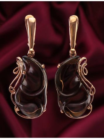 Gold-Plated Dangle Earrings With Smoky Synthetic Quartz The Serenade, image , picture 4