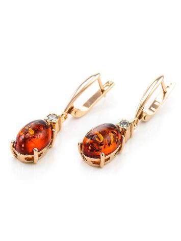 Bold Gold-Plated Drop Earrings With Cognac Amber With Crystals The Nostalgia, image , picture 4