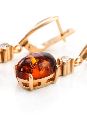 Bold Gold-Plated Drop Earrings With Cognac Amber With Crystals The Nostalgia, image , picture 2