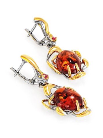 Drop Cognac Amber Earrings In Gold-Plated Silver With Crystals The Pompadour, image , picture 3