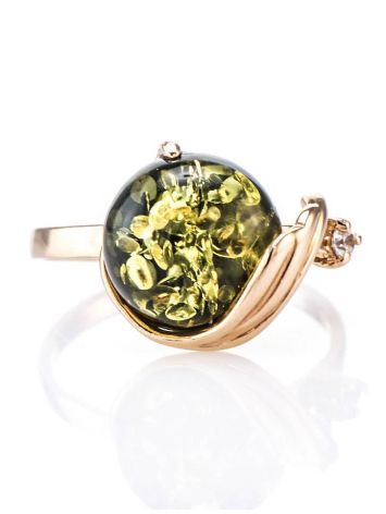 Green Amber Ring In Gold With Crystal The Swan, Ring Size: 7 / 17.5, image , picture 3