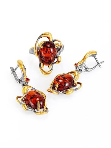 Drop Cognac Amber Earrings In Gold-Plated Silver With Crystals The Pompadour, image , picture 4