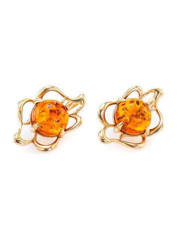 Bright Gold-Plated Earrings With Cognac Amber The Daisy, image , picture 4