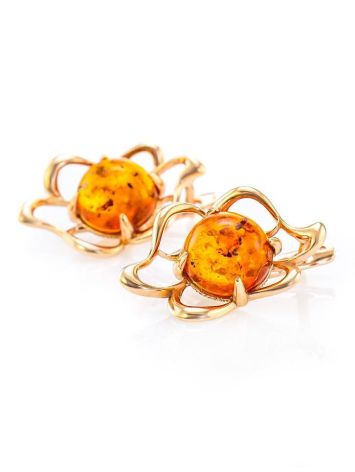 Bright Gold-Plated Earrings With Cognac Amber The Daisy, image , picture 2