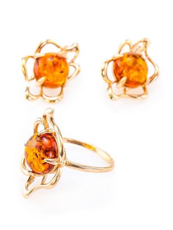 Bright Gold-Plated Earrings With Cognac Amber The Daisy, image , picture 6