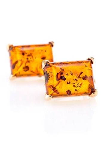 Gold-Plated Silver Earrings With Square Cognac Amber Stone The Rectangle, image , picture 3
