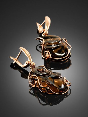 Gold-Plated Dangle Earrings With Smoky Synthetic Quartz The Serenade, image , picture 3